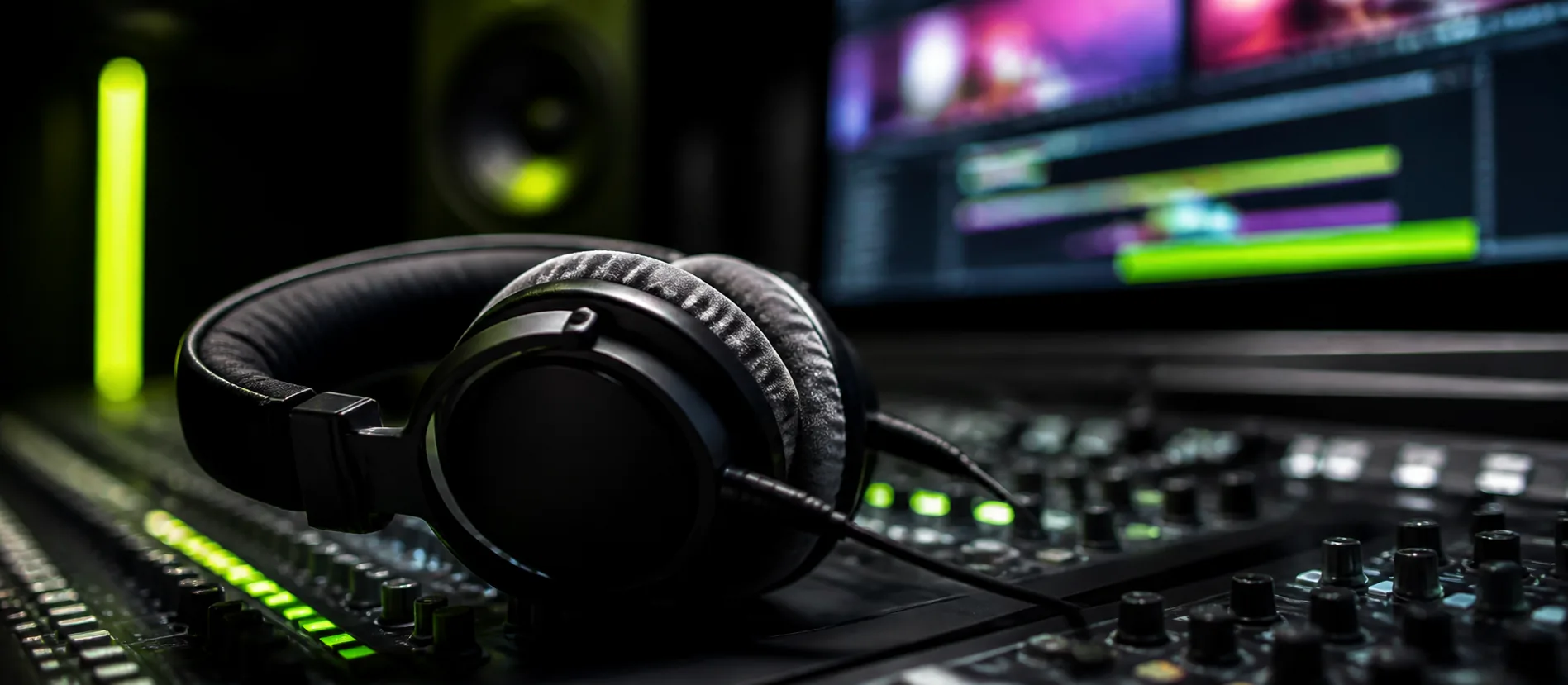 Studio headphones on a mixing console with a video editing timeline in the background