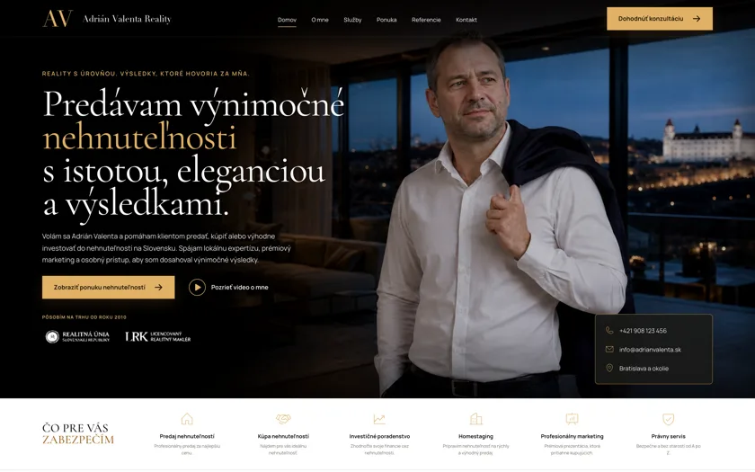 Demo web pre realitného makléra — osobná značka s ponukou nehnuteľností