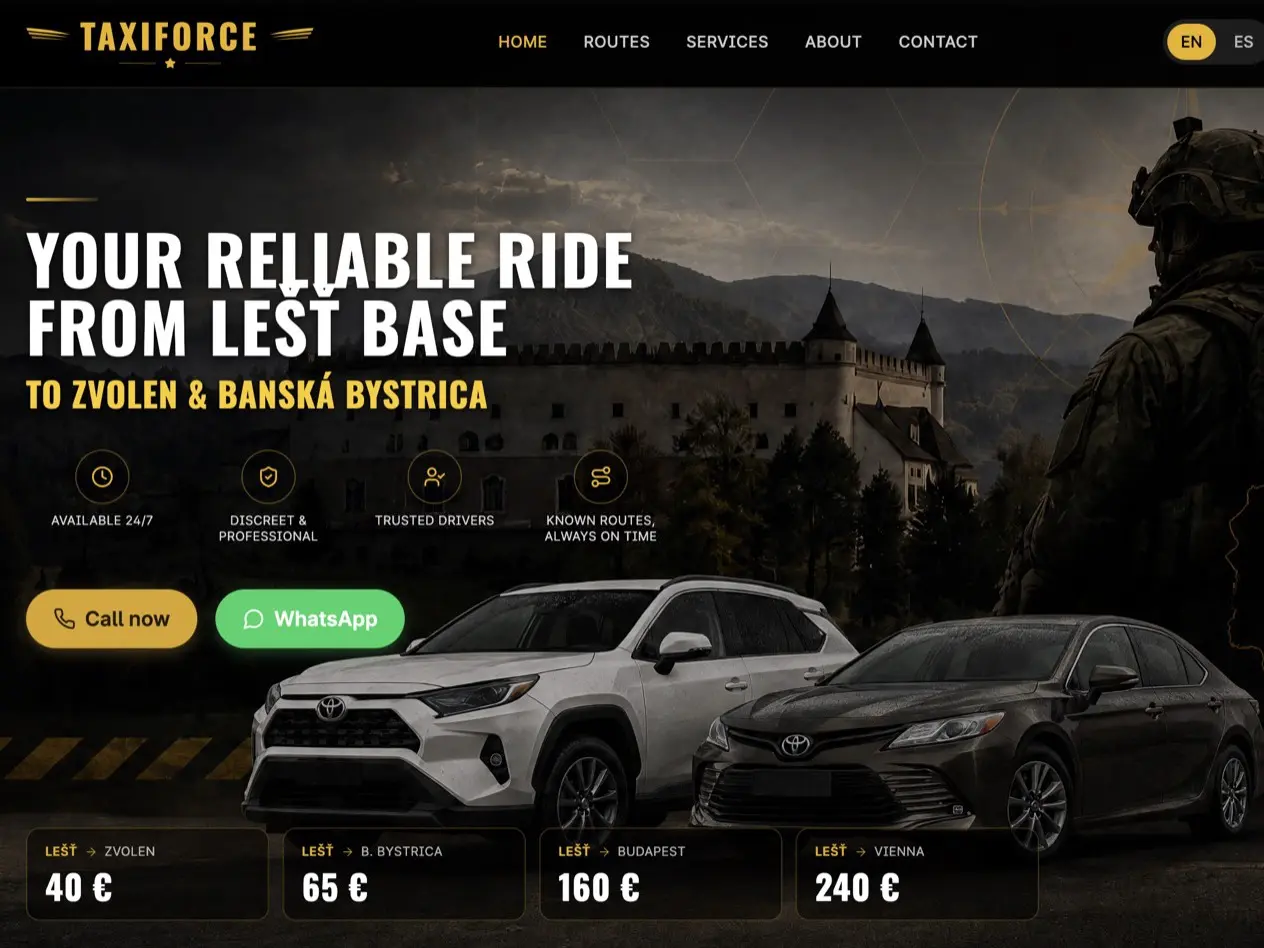 Ukážka webu TaxiForce — taxi zo základne Lešť